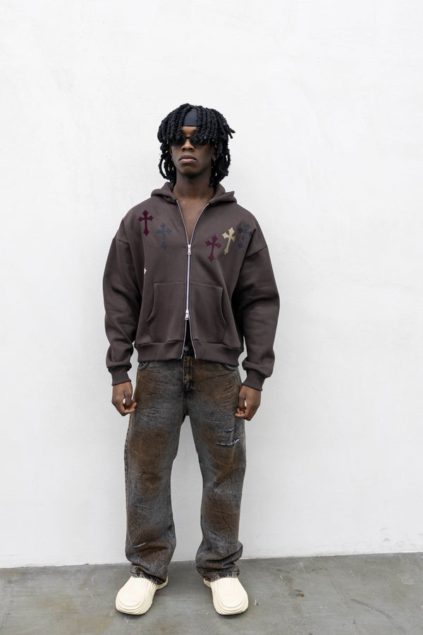 Hoodie crosses zip brown
