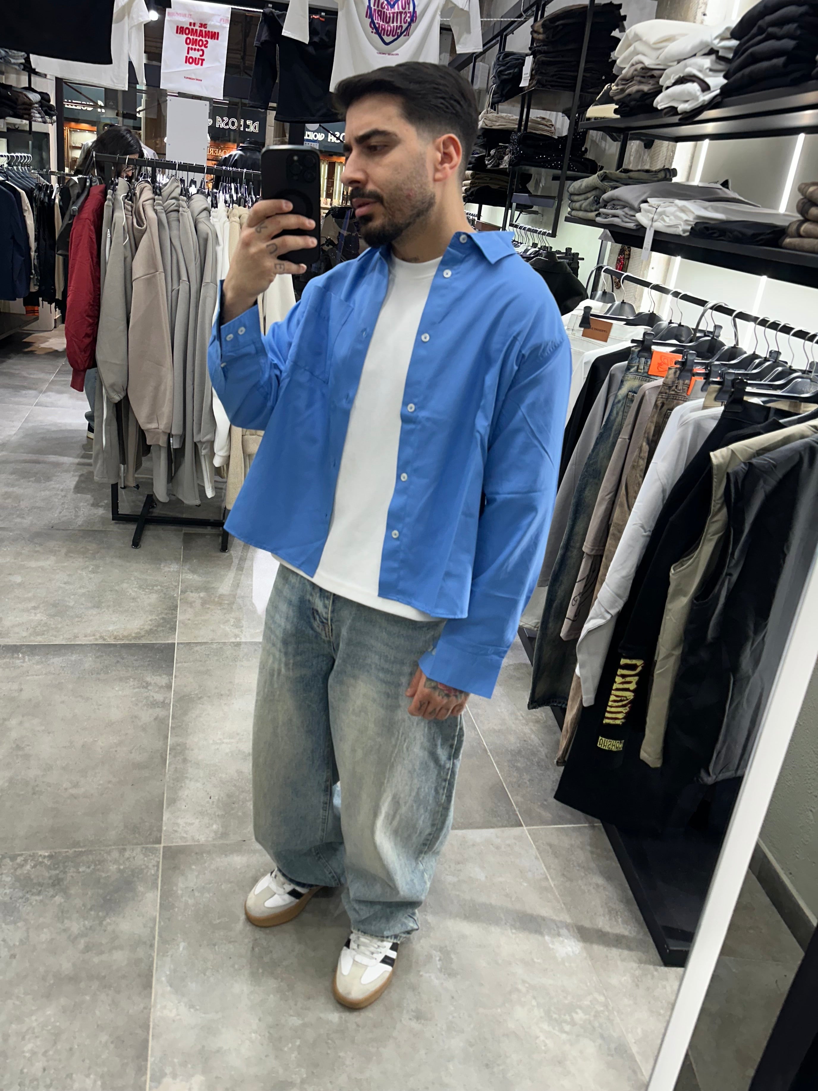 Camicia crop oxford azul minimal