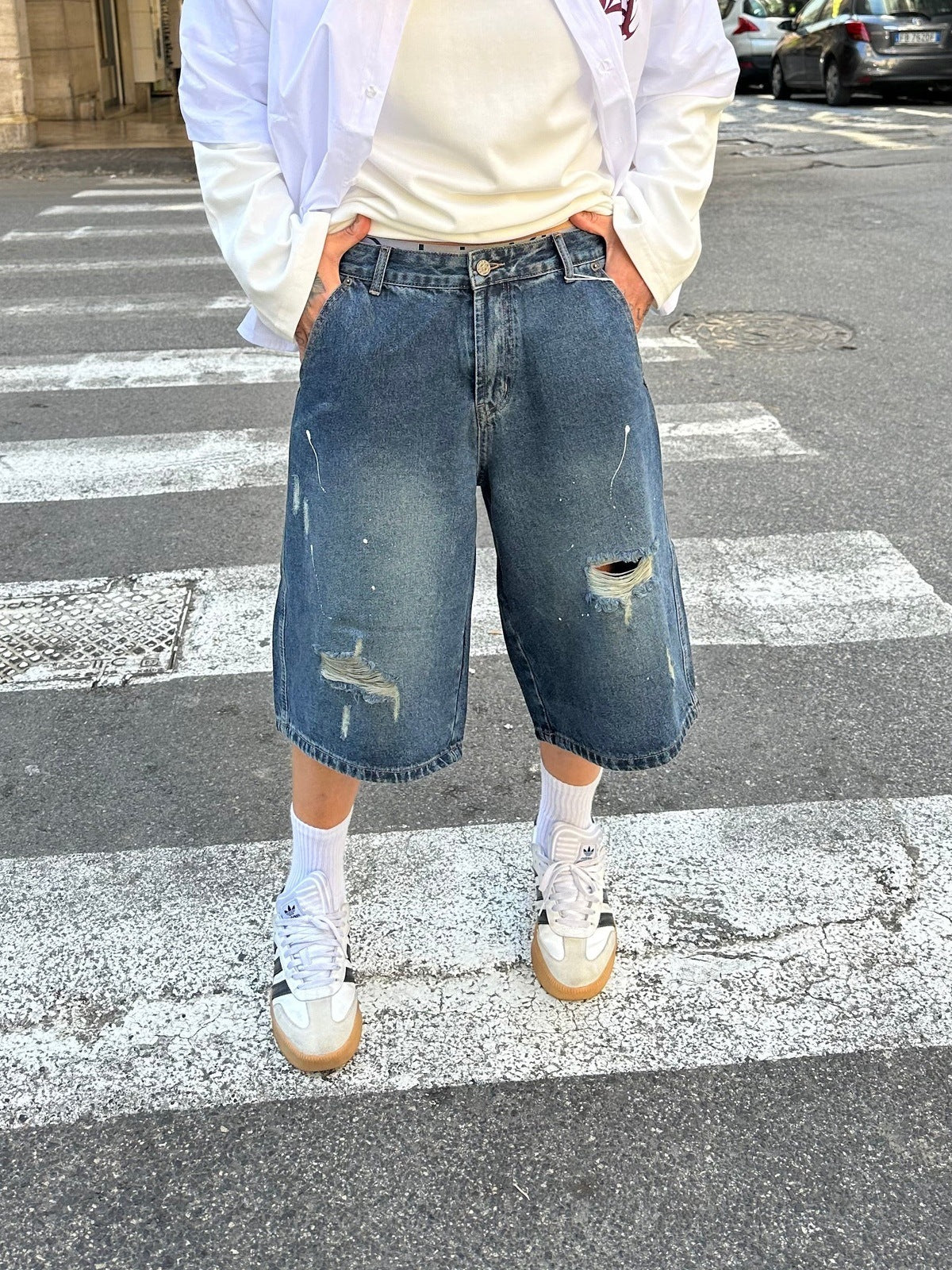 Denim jorts blue print