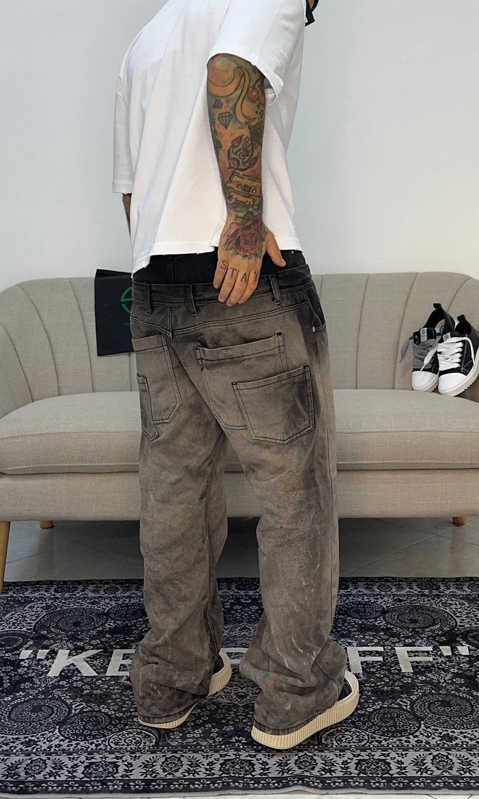 Denim Double waistband black wash sand