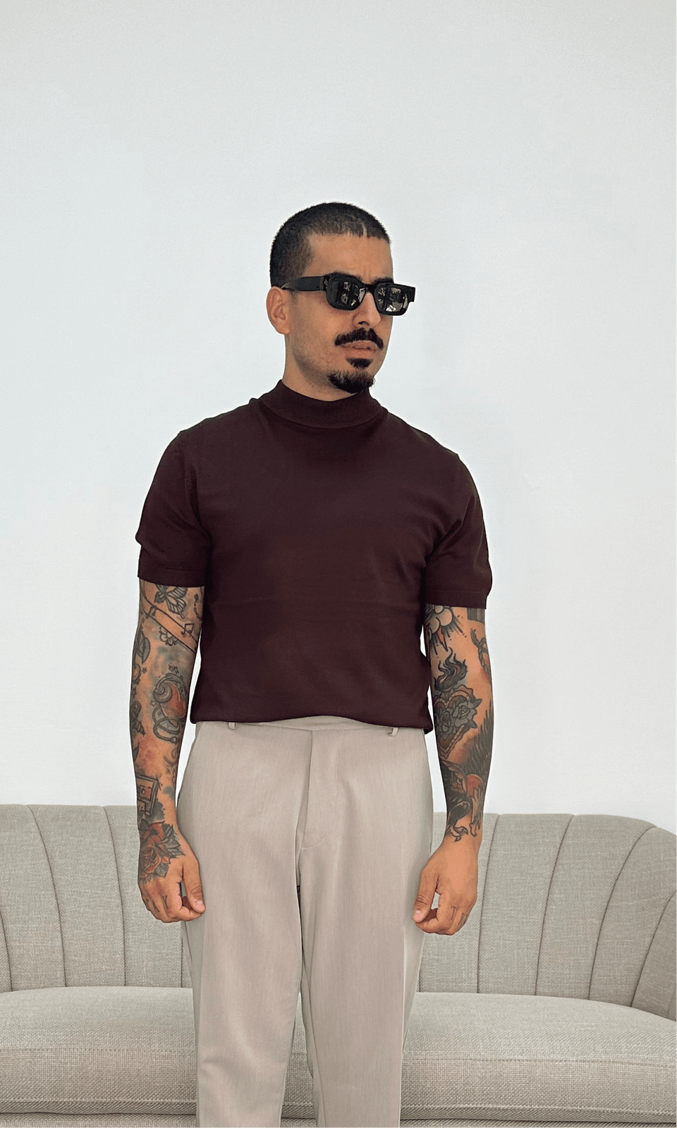 T-shirt mezzo collo wool brown