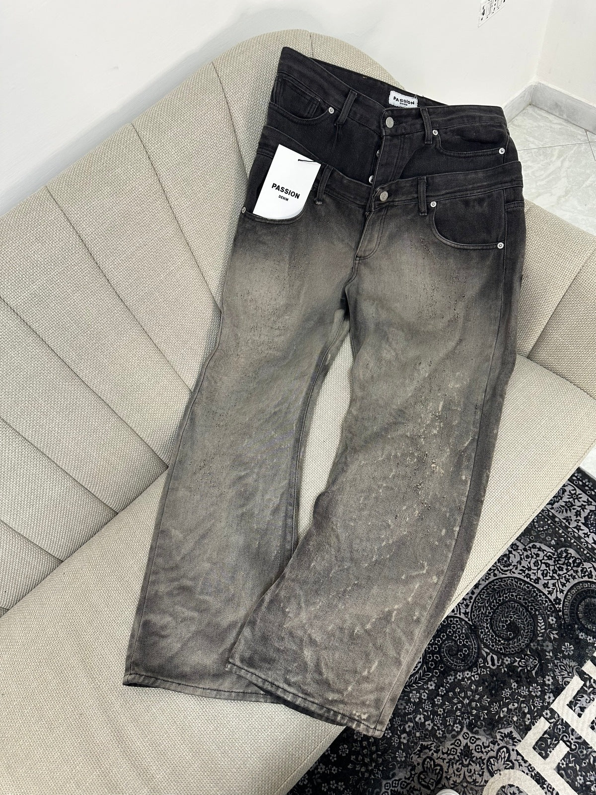 Denim Double waistband black wash sand