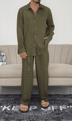 Pantaloni palazzo lino army green