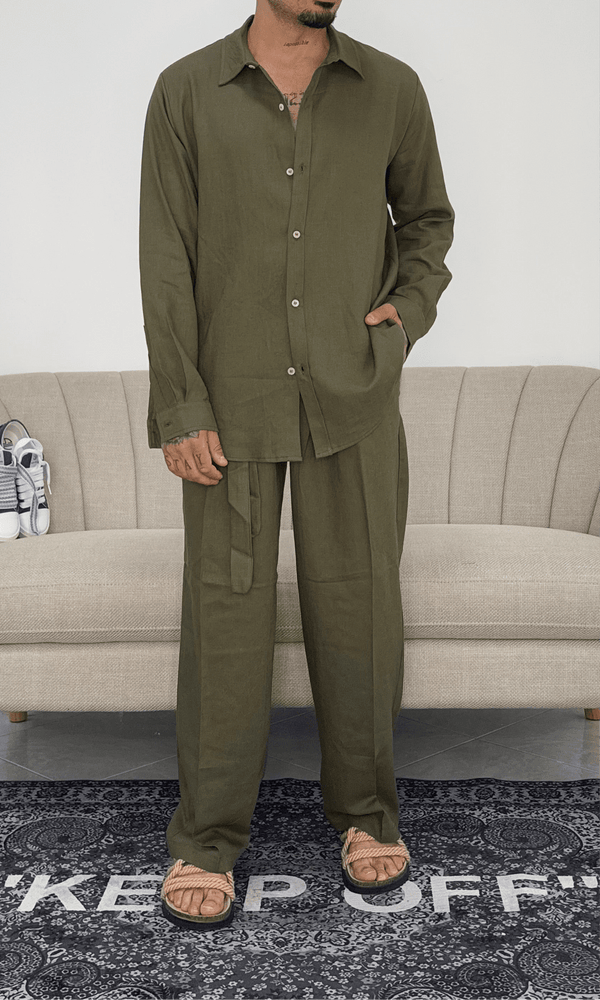 Pantaloni palazzo lino army green