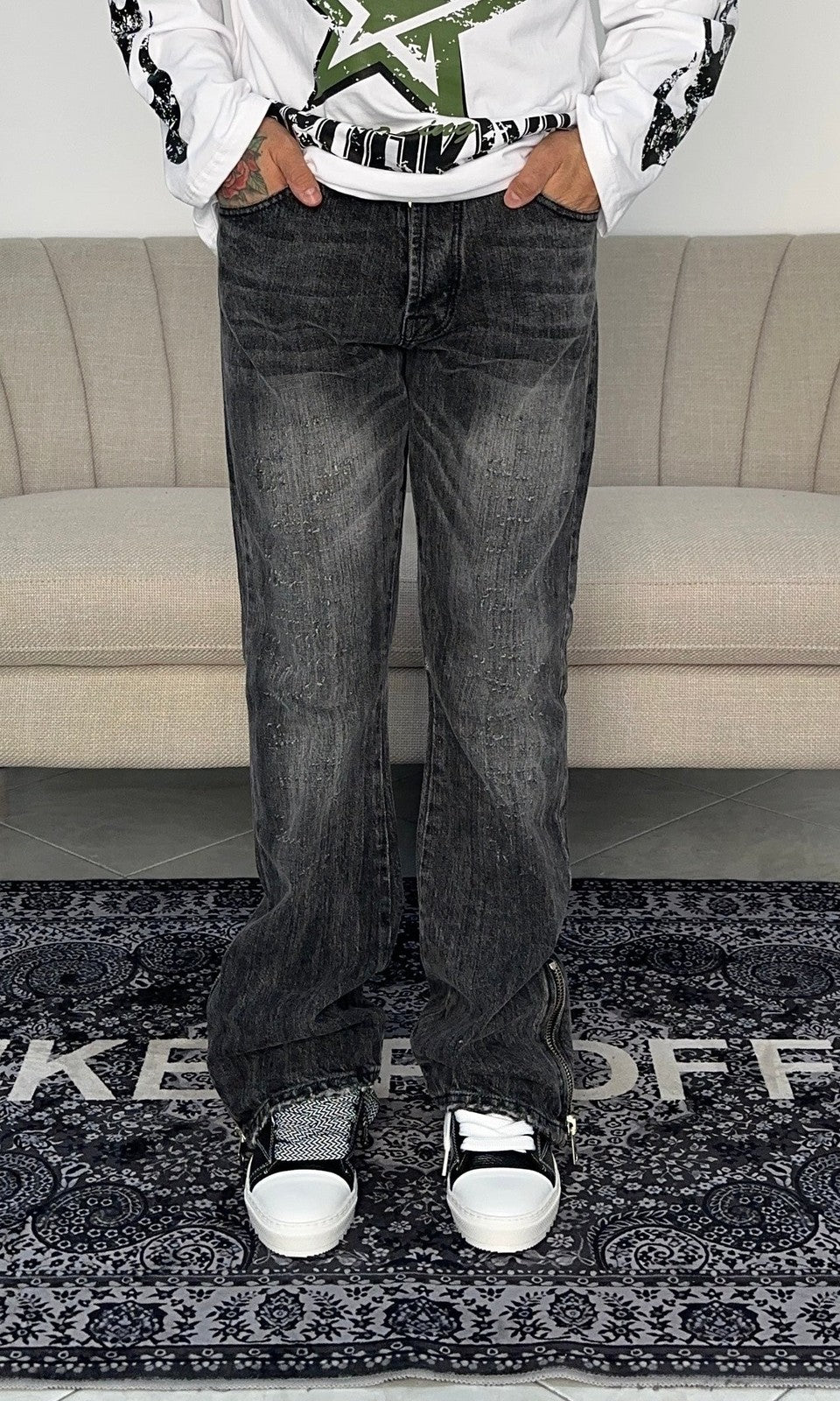 Denim flare zip grey