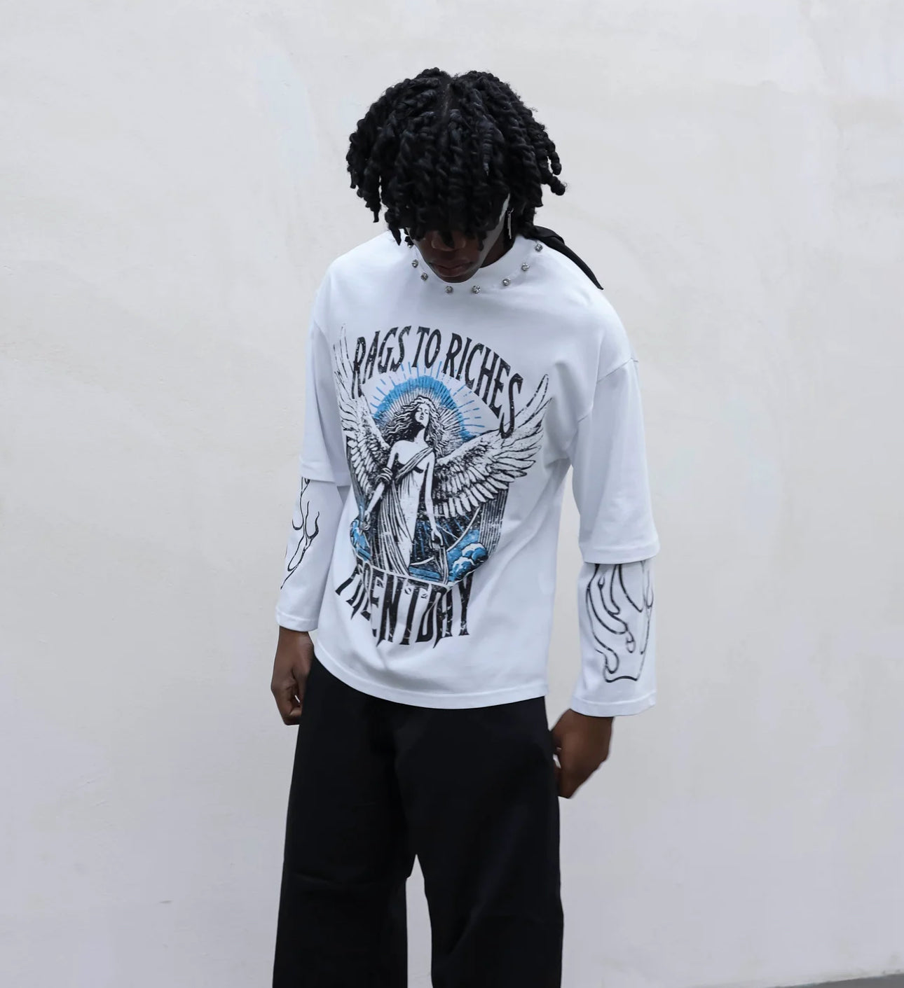 T-shirt long sleeve rags white present day