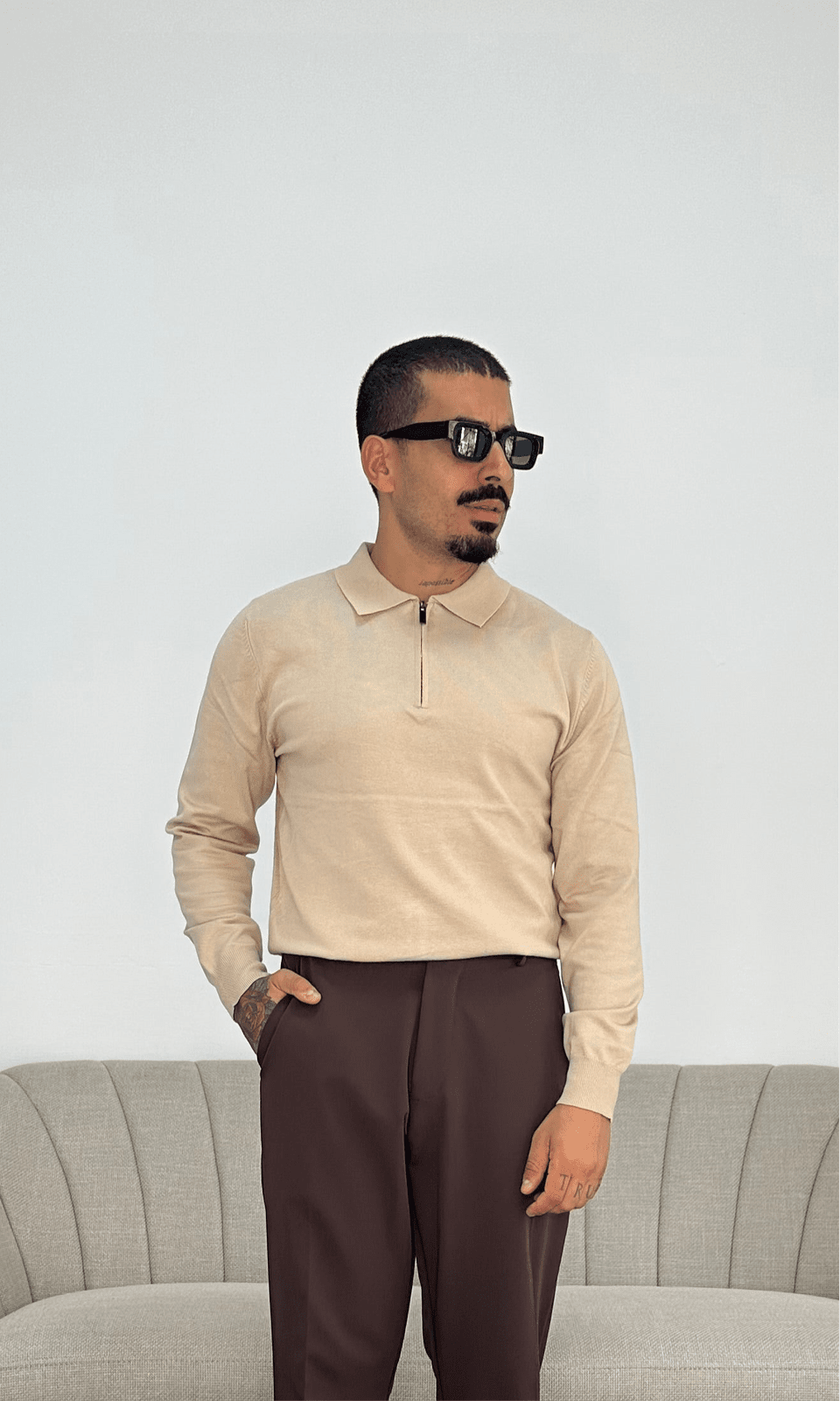 Polo in filo zip beige