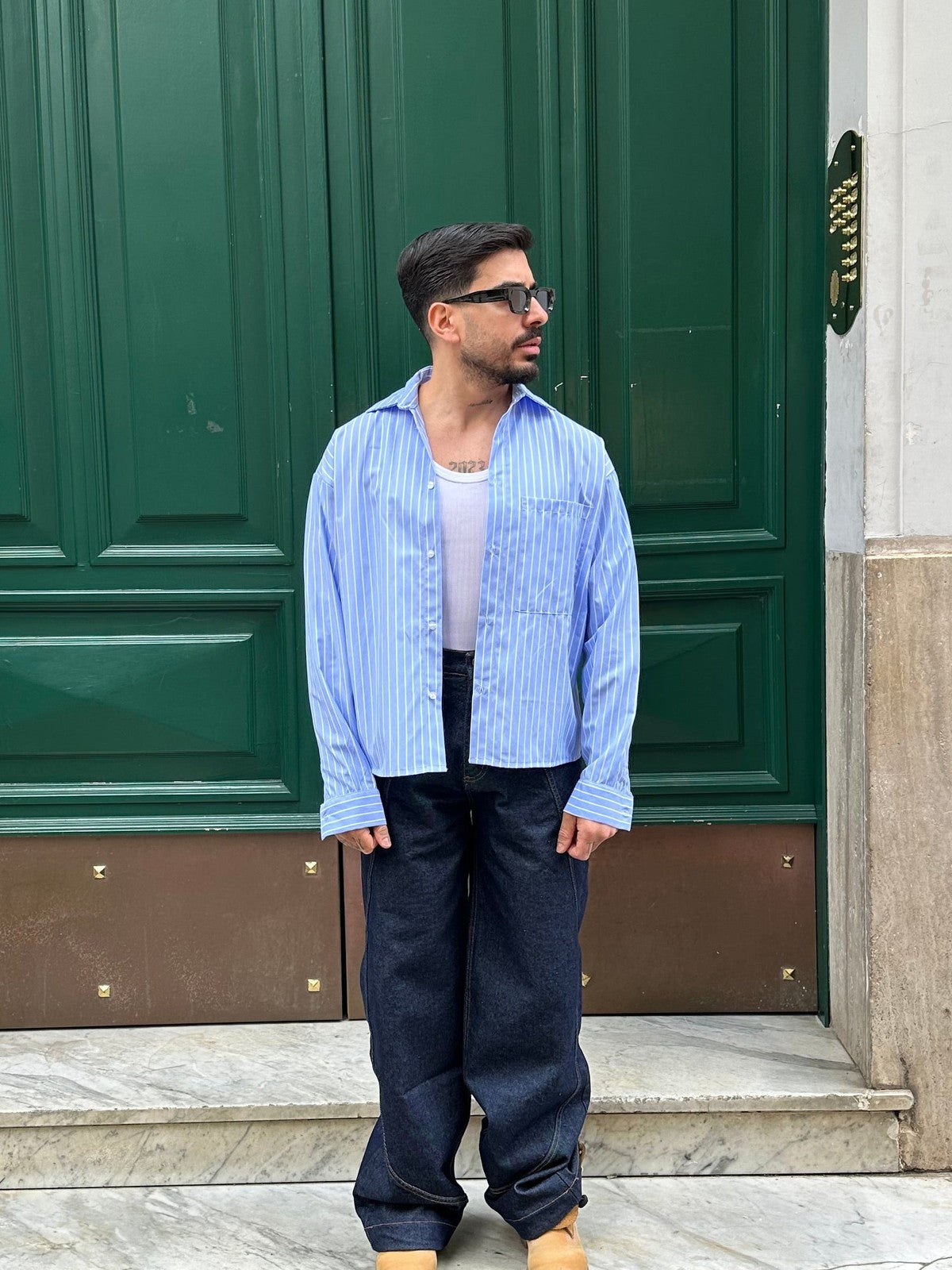 Camicia crop malaga azul riga bianca All or Nothing