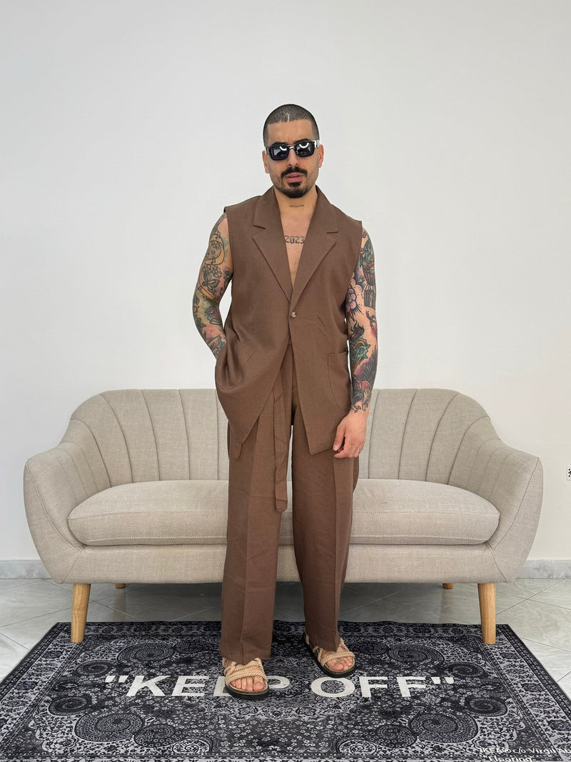 Blazer smanicato in Lino tabacco