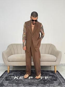 Blazer smanicato in Lino tabacco