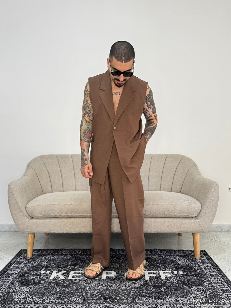 Blazer smanicato in Lino tabacco